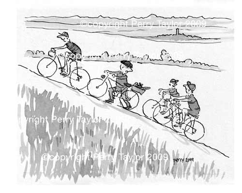 a cycling club climb a steep hill and pass an old man pushing his bike up the hill. In the background the landscape of south west France. An indian ink drawing by Perry Taylor, available as an A4 print.