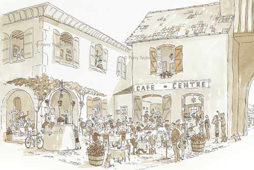 cafe de la tour tillac, ink drawing by Perry Taylor