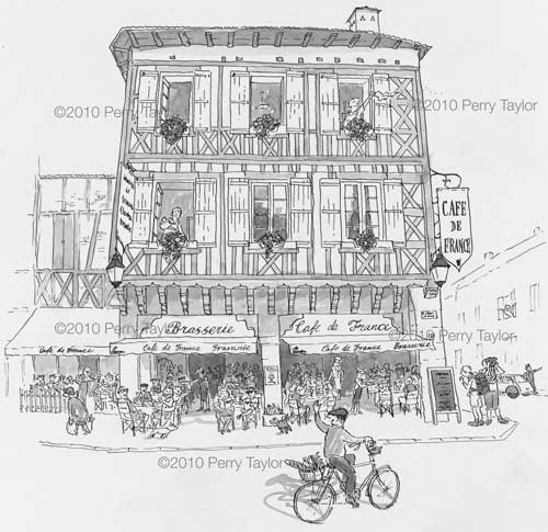 a drawing of the cafe de france in eauze, Gers