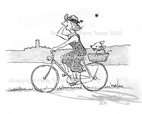 lady on a bicycle with dog