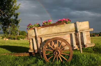 the old cart with a rainbow behind